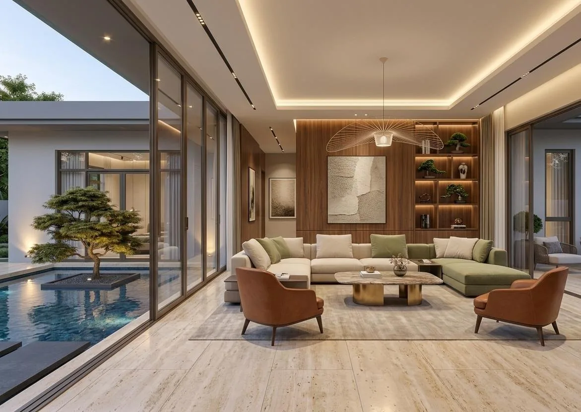 Open-plan bungalow living area with poolside glazing and a timber feature wall, designed by Interior Flair Plus in Kuala Lumpur