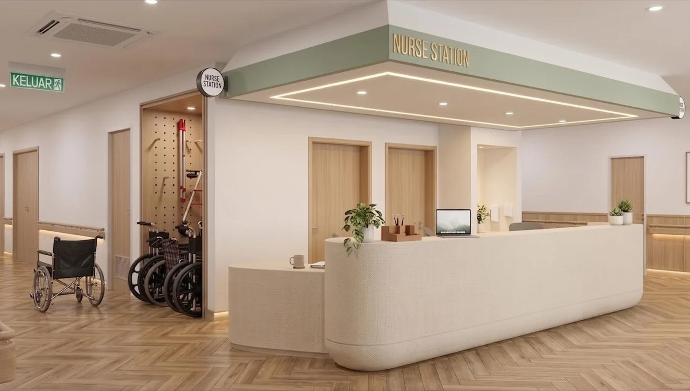 Healthcare facility nurse station with a curved reception counter and herringbone flooring, an Interior Flair Plus commercial fit-out
